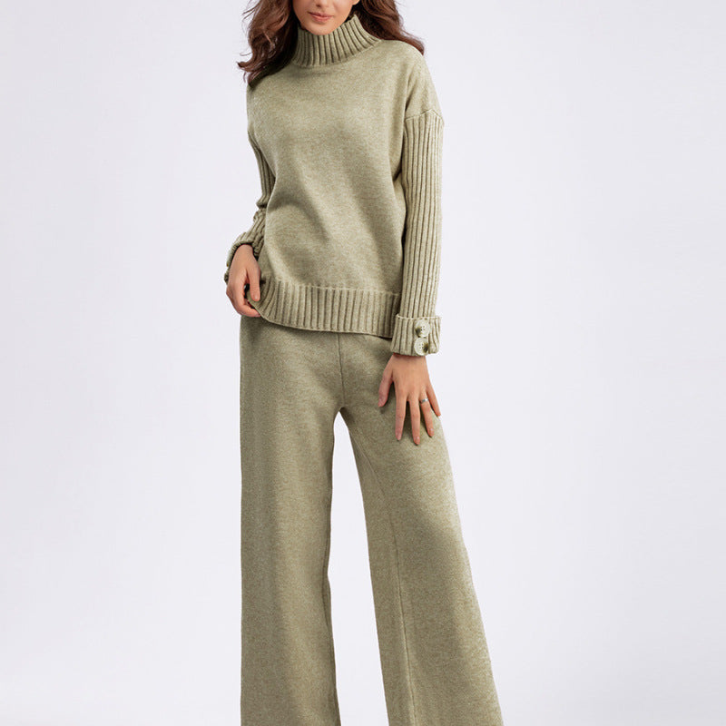 Conjunto de dos piezas de suéter de cuello alto de punto de color liso informal para mujer, otoño e invierno, pantalones de pierna ancha