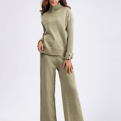 Conjunto de dos piezas de suéter de cuello alto de punto de color liso informal para mujer, otoño e invierno, pantalones de pierna ancha