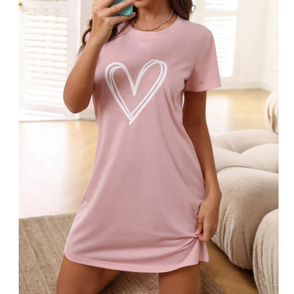 Cozy Casual Heart Print Short Sleeve Women Lounge Sleepwear Nightdress