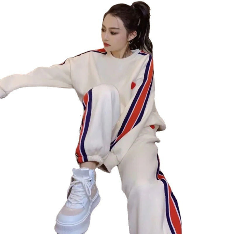 Conjunto de dos piezas holgado e informal con top y pantalón de manga larga con cuello redondo y estampado en contraste para mujer