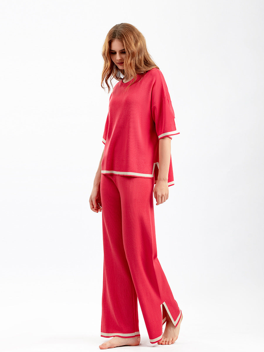 Conjunto de dos piezas de pantalones anchos de punto con contraste informal para mujer