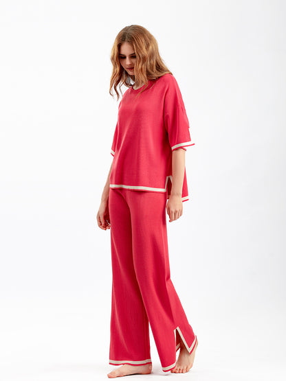 Conjunto de dos piezas de pantalones anchos de punto con contraste informal para mujer