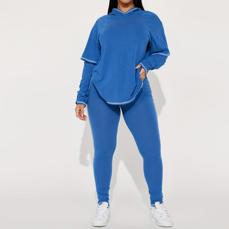 Conjunto de dos piezas de sudadera con capucha y pantalones ajustados de manga larga de color liso informal para mujer