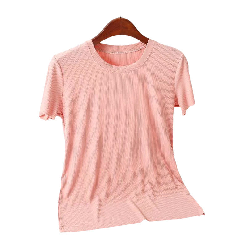 Camiseta informal de verano para mujer, de color liso, con cuello redondo y manga corta en blanco