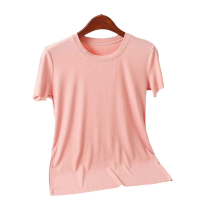 Camiseta informal de verano para mujer, de color liso, con cuello redondo y manga corta en blanco
