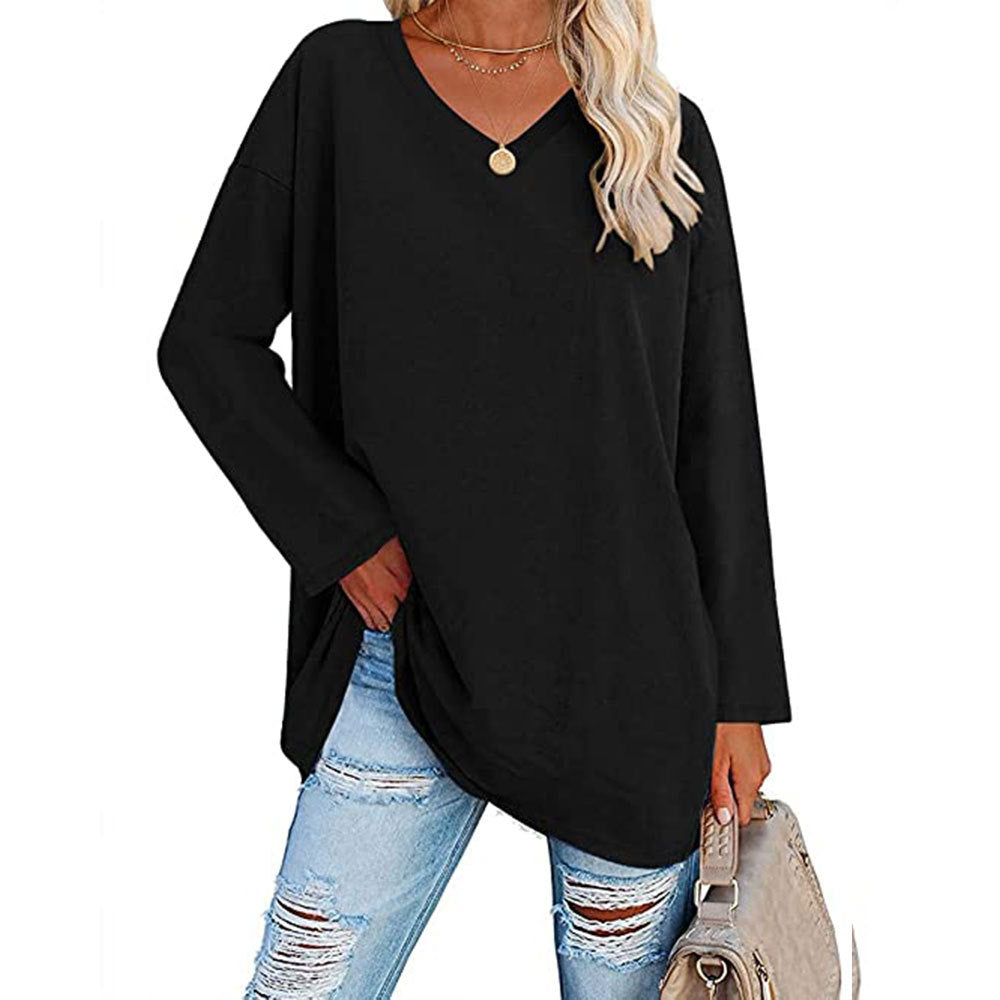 Camiseta informal de manga larga con cuello en V y color liso para mujer