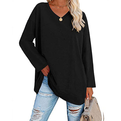 Camiseta informal de manga larga con cuello en V y color liso para mujer