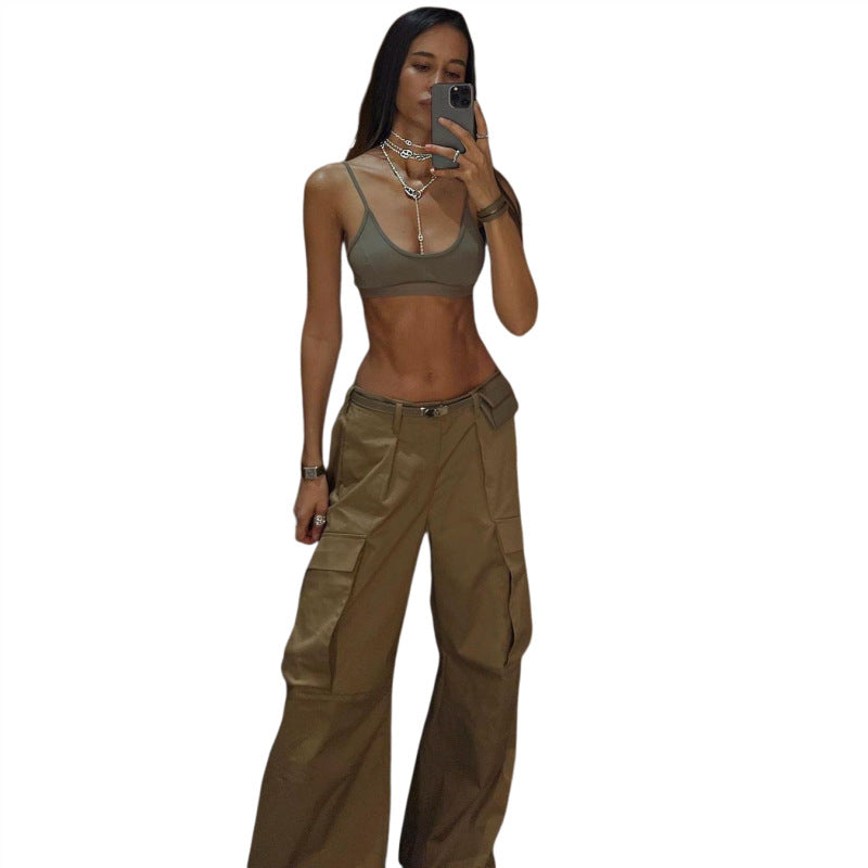 Pantalones cargo vintage de cintura baja, holgados, con múltiples bolsillos, informales y de pierna ancha para mujer