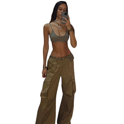 Pantalones cargo vintage de cintura baja, holgados, con múltiples bolsillos, informales y de pierna ancha para mujer