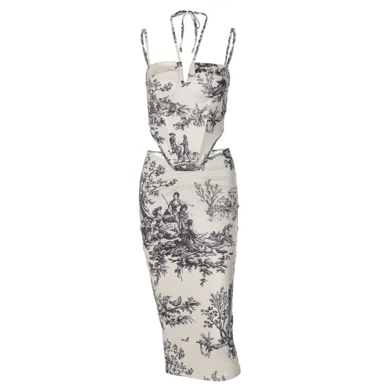 Conjunto informal de dos piezas con top y falda con cuello halter y estampado retro para mujer