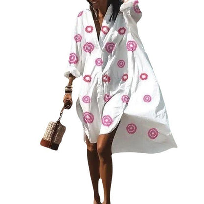 Women Casual Long Sleeves Summer Fashion Lapel Single-breasted Shirt Dress