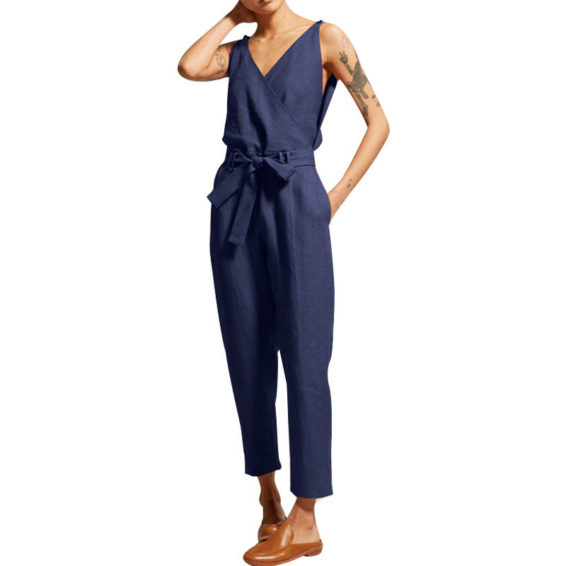 Women Solid Color V-Neck Tank Top Sash Waist Casual Loose Jumpsuits