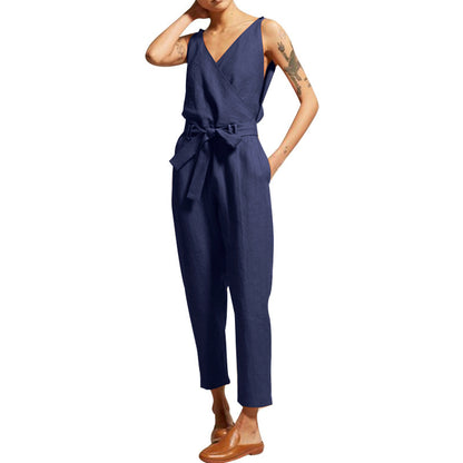 Women Solid Color V-Neck Tank Top Sash Waist Casual Loose Jumpsuits
