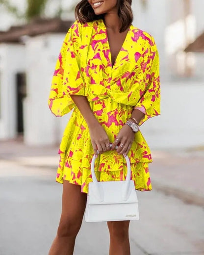 Women Fashion Casual Boho Style V-Neck Loose Dolman Sleeve Graphic Printed Dress