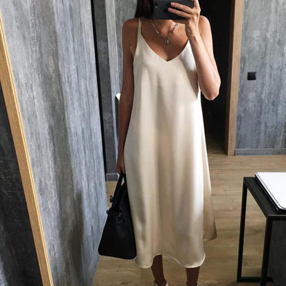 Summer Women Basic Sleeveless Casual Satin Sexy Solid Color V Neck Dress