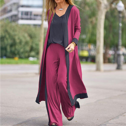 Conjunto de tres piezas para mujer: chaleco sin mangas de color liso y cárdigan informal de manga larga con chaqueta y pantalón