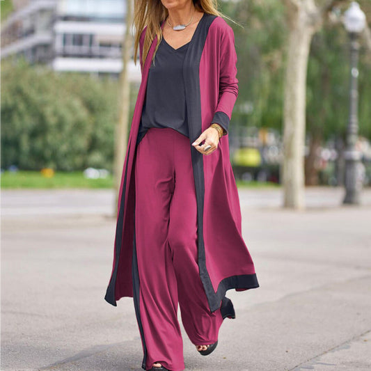 Women Solid Color Sleeveless Vest And Casual Long-Sleeved Cardigan Jacket Pants Three-Piece Set