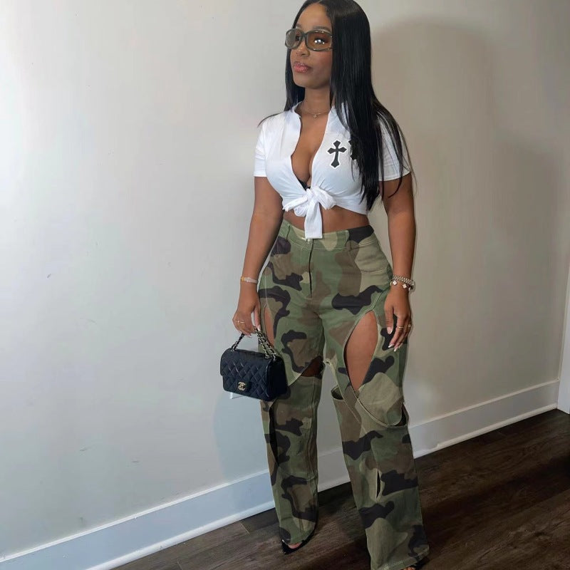 Women Fashion Casual Printed Cut Out Defined Waist Pants