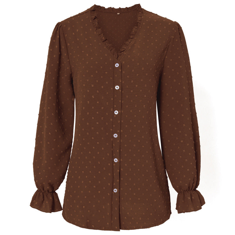 Blusa elegante informal con volantes y lunares, color liso, escote en V, para mujer