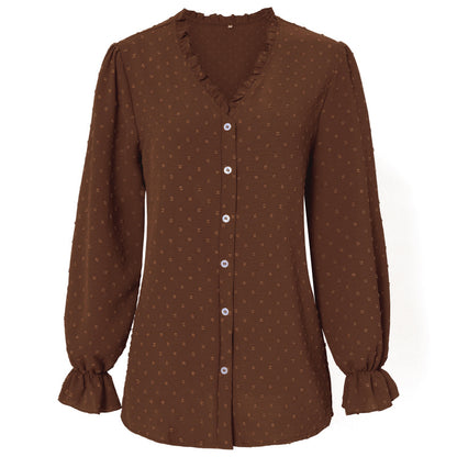 Blusa elegante informal con volantes y lunares, color liso, escote en V, para mujer
