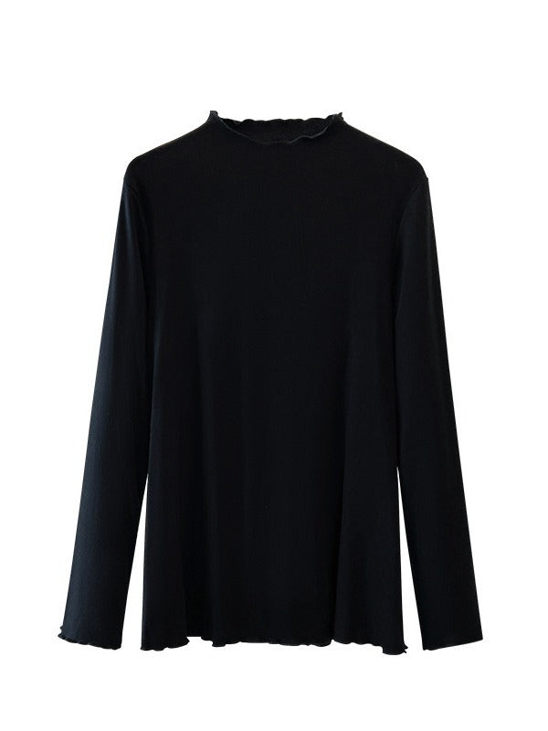 Camiseta básica informal holgada de talla grande con cuello alto y manga larga en color liso para mujer