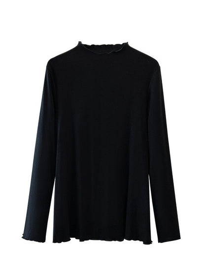 Camiseta básica informal holgada de talla grande con cuello alto y manga larga en color liso para mujer