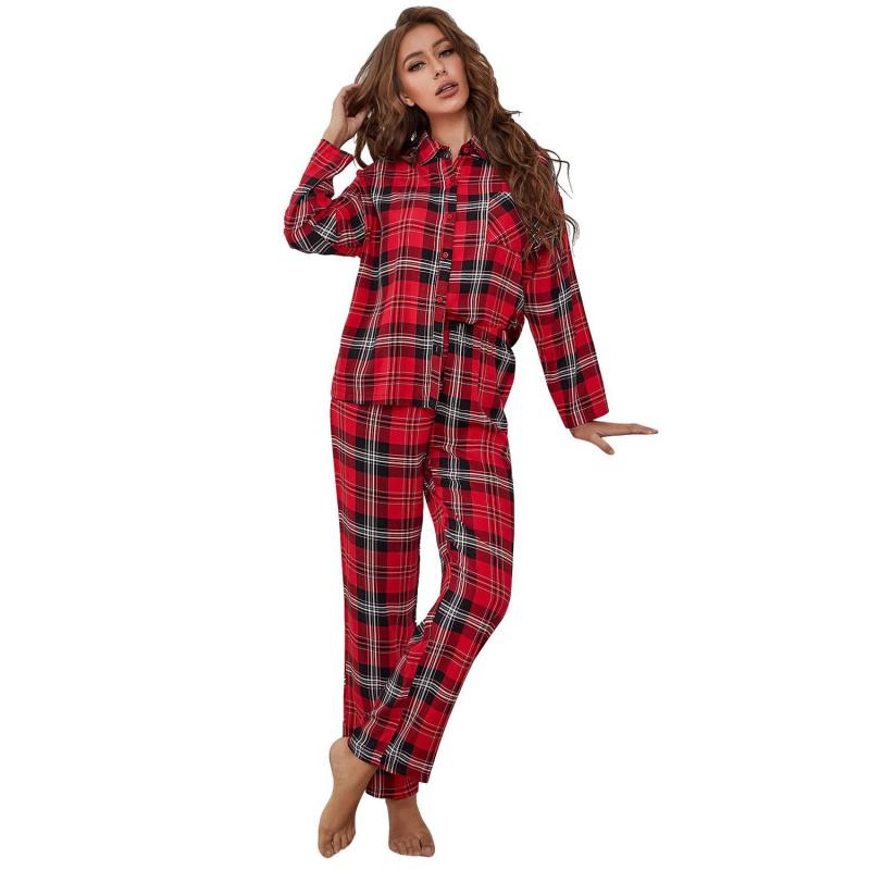 Conjunto de pijama informal con estampado de cuadros rojos y manga larga para mujer