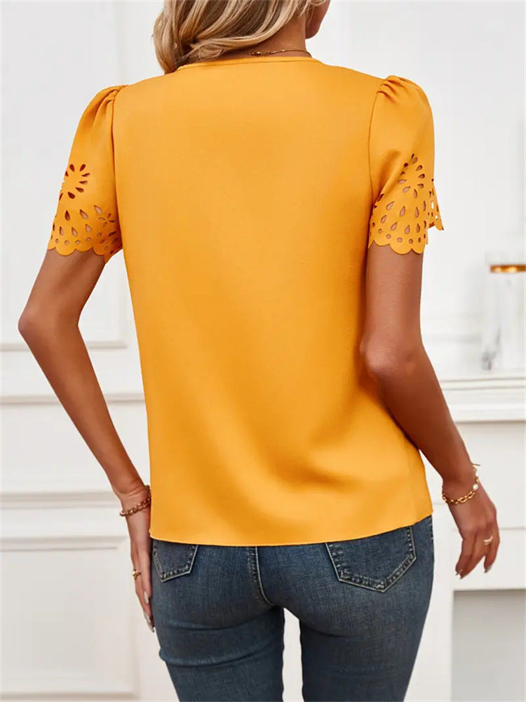 Blusa informal de manga corta con cuello en V y estampado floral para mujer
