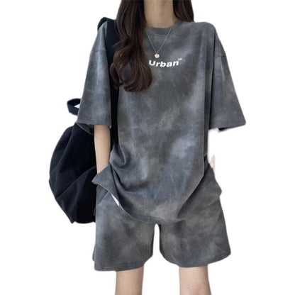 Conjunto deportivo informal de dos piezas para mujer, camiseta de manga corta con efecto tie-dye y pantalones cortos holgados