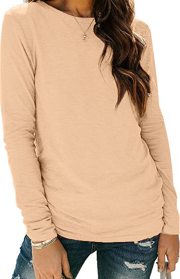 Camiseta de manga larga con cuello redondo, color liso, informal y sencilla para mujer