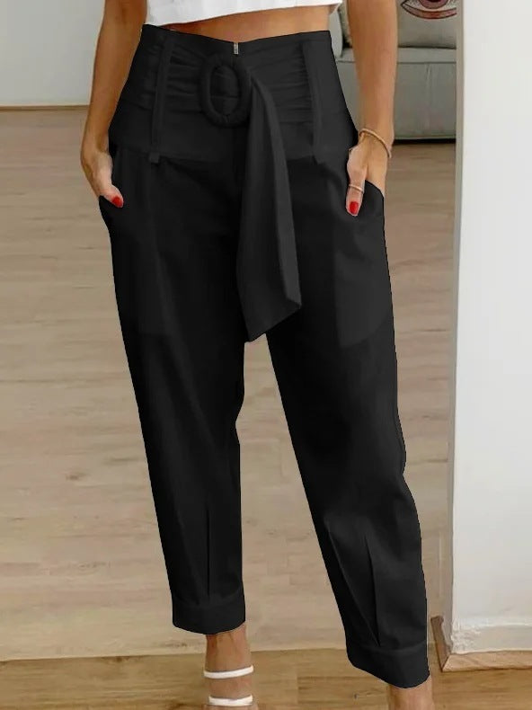 Women Casual Summer Solid Color Linen Floral Pants