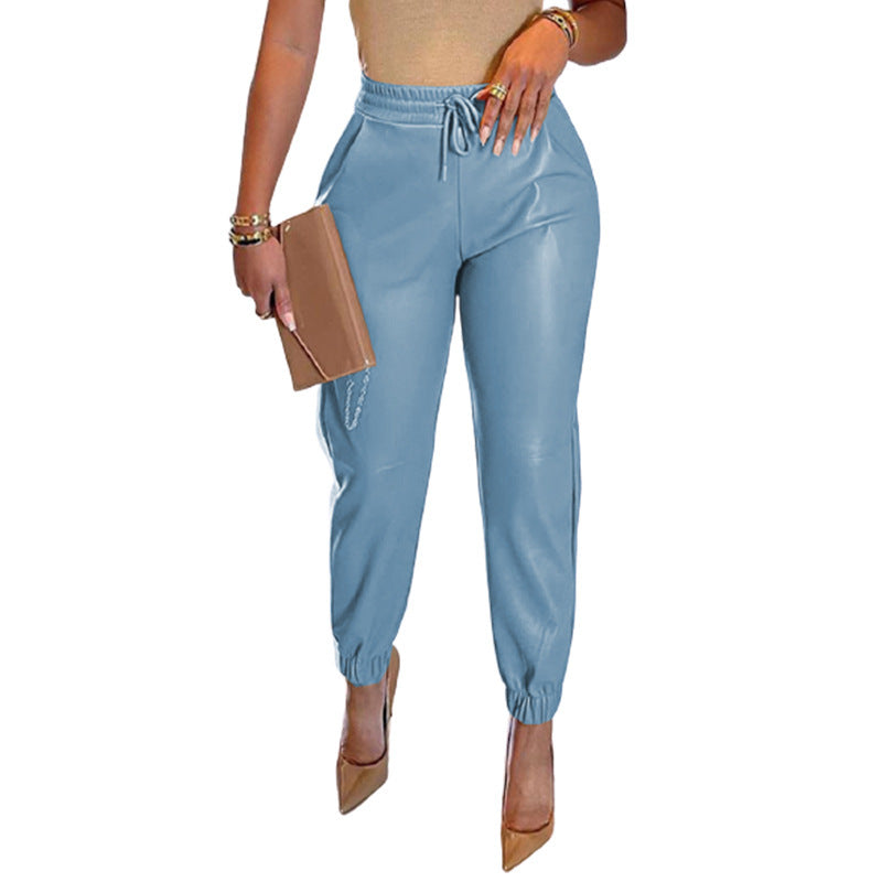 Women Solid Color PU Leather Drawstring Elastic Waist Casual Jogger Pants