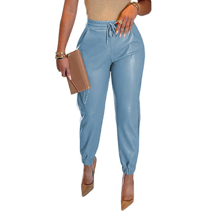 Women Solid Color PU Leather Drawstring Elastic Waist Casual Jogger Pants
