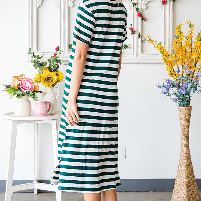 Women Fashion Casual Black White Stripe Printed V-Neck Short Sleeve Side Slit Dress
