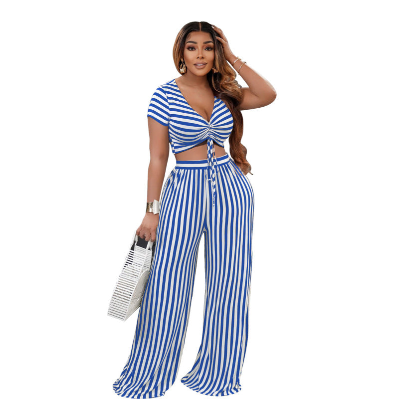 Women Fashion Casual Stripe Print Drawstring Short Sleeve Top Loose Pants Set