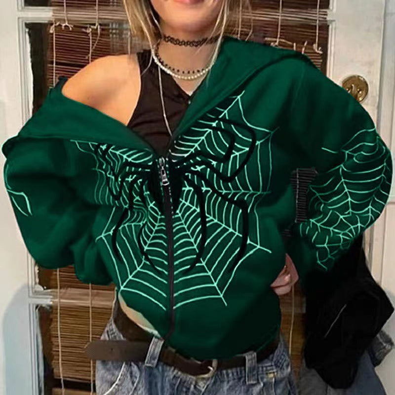 Sudadera holgada con cremallera y estampado de telaraña para hombre y mujer, estilo informal, a la moda urbana