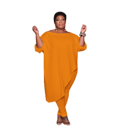 Conjunto de dos piezas de top y pantalón holgado informal de moda para mujer de talla grande