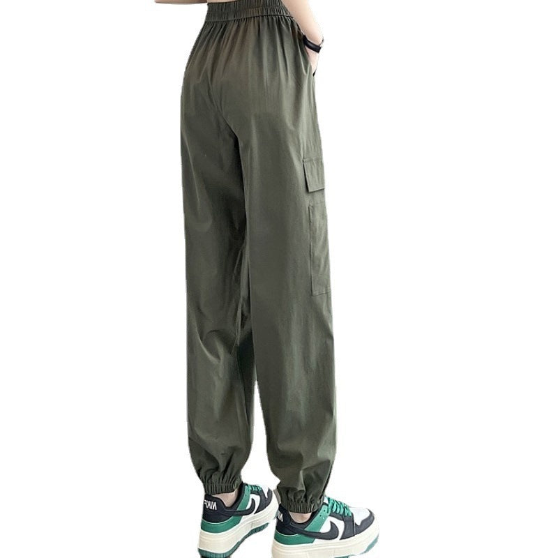 Women Fashion Casual Solid Color Cargo Elastic Waist Cuffed Jogger Pants
