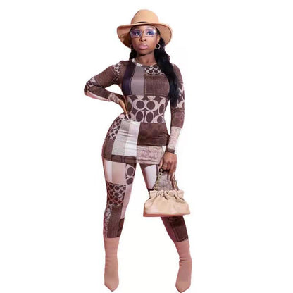 Conjunto de dos piezas con top ajustado de manga larga y estampado geométrico informal a la moda para mujer