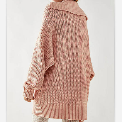 Casual Cozy Autumn And Winter Women Solid Color Lapel Pocket Knitted Cardigan Button Mid-Length Jacket