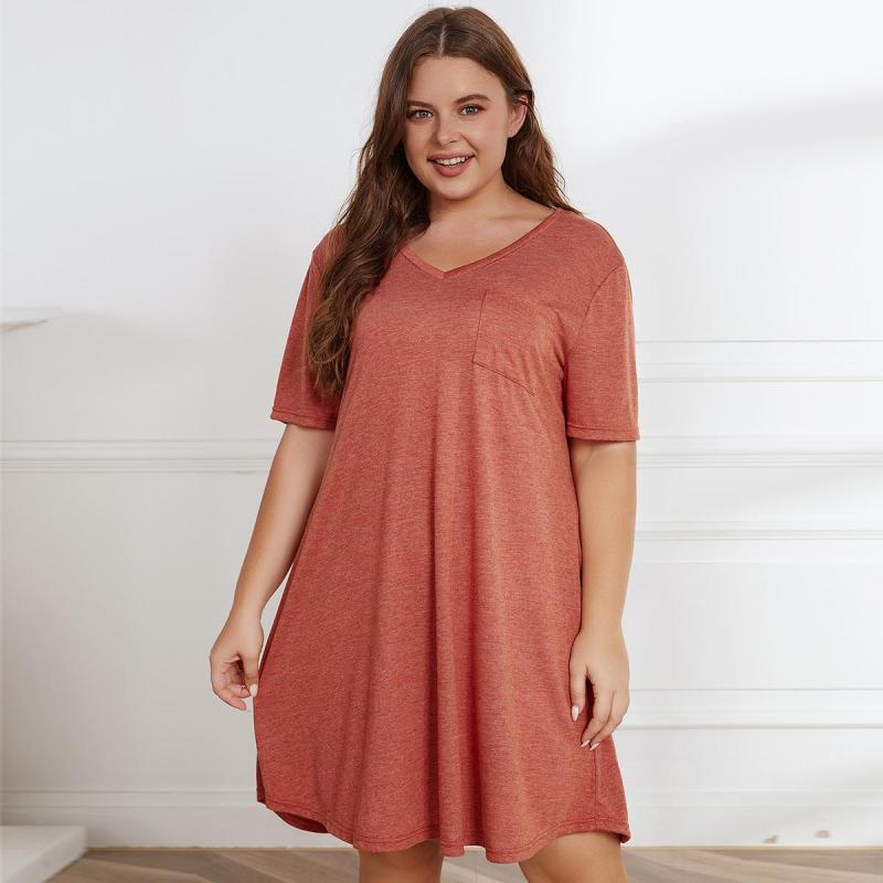 Plus Size Women Casual Summer Short Sleeve Solid Color V Neck Loose Dress