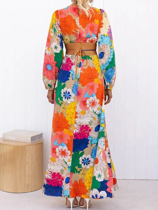 Vestido largo informal de manga larga con cordones y estampado floral para mujer