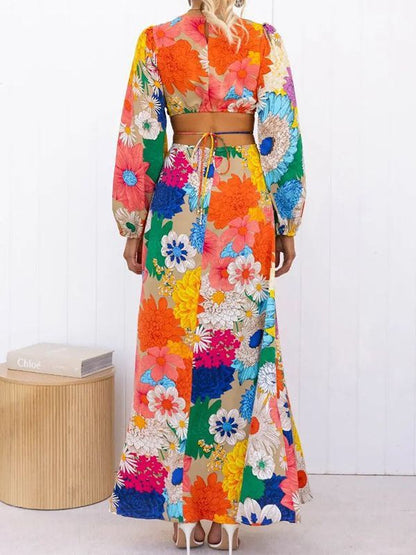 Vestido largo informal de manga larga con cordones y estampado floral para mujer