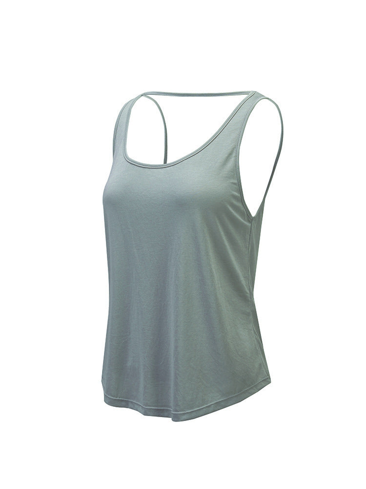 Women Casual Loose Solid Color Round Neck Sleeveless Backless Sports Tank Top