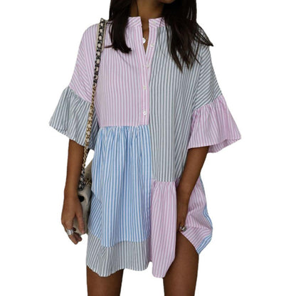 Women Casual Stripe Contrast Print Flare Short Sleeve Casual Dress