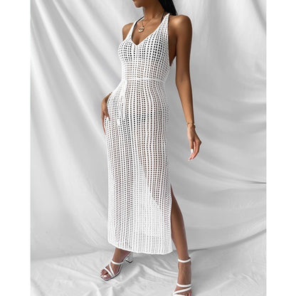 Vestido largo playero de punto calado, informal, de color liso, para vacaciones, para mujer