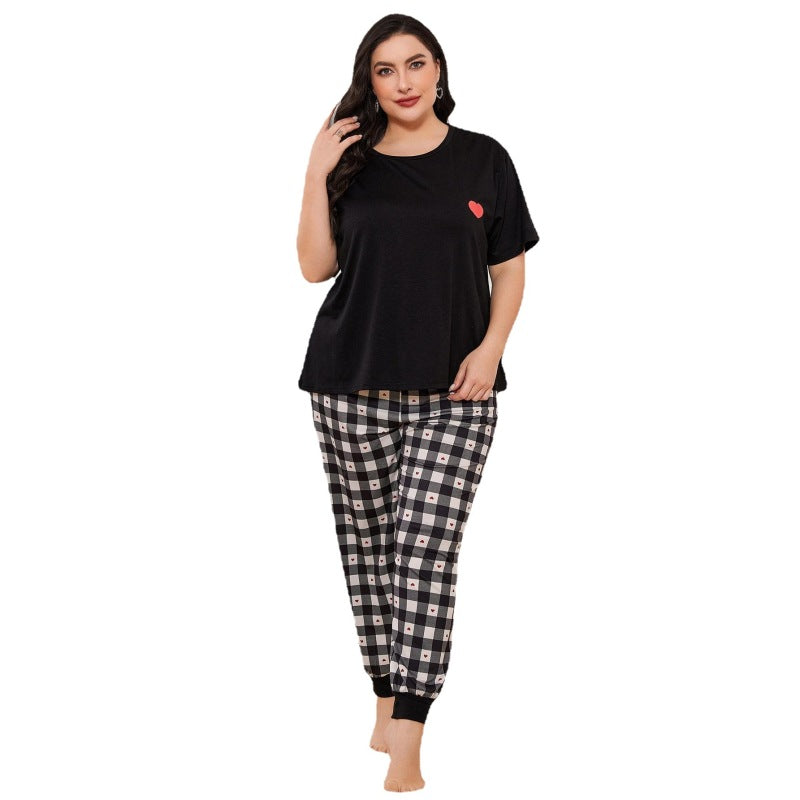 Conjunto de pijama informal de manga corta con estampado a cuadros para mujer, talla grande