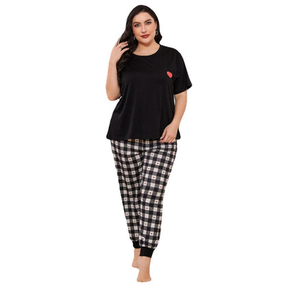 Conjunto de pijama informal de manga corta con estampado a cuadros para mujer, talla grande