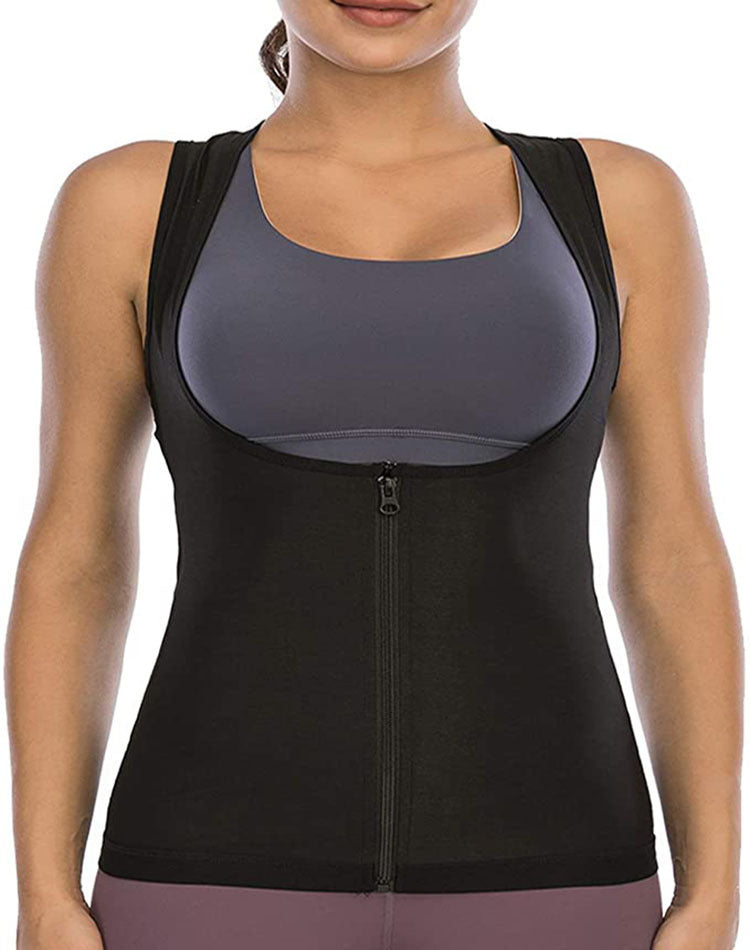 Women Casual Sports Sauna Zipper Solid Color Sleeveless Tank Top