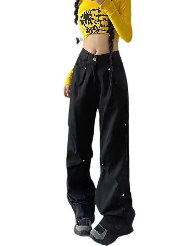 Pantalones cargo rectos informales de pierna ancha y cintura alta para mujer, moda urbana
